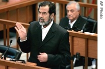 Saddam Hussein gestures during first day of trial, Monday Aug. 21, 2006 