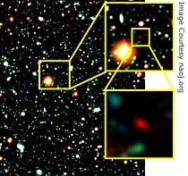 A series of images zooming in on Galaxy IOK-1, the reddish object in the center of the last panel, currently the most distant known galaxy about 12.88 billion light years away