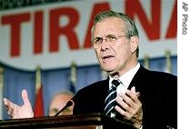 Donald Rumsfeld speaks at a news conference in Tirana, Sept. 27, 2006