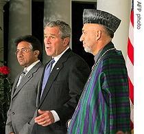 Presidents Musharraf (left), Bush and Karzai at White House  