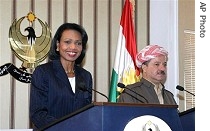 Condoleezza Rice and Iraq's Kurdish region president Massoud Barzani talk to media in Irbil, Friday Oct. 6, 2006 