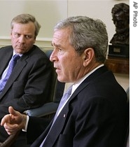 President Bush, right, makes remarks while meeting with NATO Secretary General Jaap de Hoop Scheffer in the Oval Office of the White House, Friday