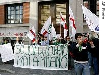 Supporters of Northern league party stage a protest in front of 'Nagib Mahfouz' school, in Milan, October 10, 2006