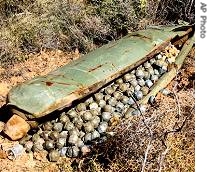 A Cluster Bomb Unit,  dropped by Israeli warplanes, sits in southern village of Ouazaiyeh, Lebanon, November 9, 2006 