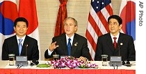 U.S. President George W. Bush, center, South Korean President Roh Moo-hyun, left, and Japan's Prime Minister Shinzo Abe