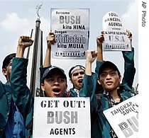 Indonesian Muslim students protest against an upcoming visit to Indonesia by U.S. President George W. Bush. Saturday, November 20, 2006, in Bogor, Indonesia.