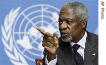 Mr. Annan speaks to journalists during his last official press conference at the United Nations European headquarters in Geneva, Switzerland, Tuesday, Nov 21, 2006