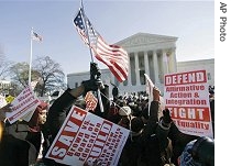 Protestors gather in front of Supreme Court, Dec. 4, 2006 as court hears arguments on lawsuits by parents in Louisville and Seattle who are challenging policies that use race to help determine where children go to school
