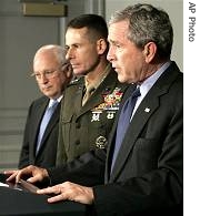 From right: President Bush, Chairman of the Joint Chiefs of Staff General Peter Pace and Vice President Dick Cheney 