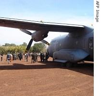 A French army Transall aircraft which carried CAR's President Francois Bozize and a delegation is pictured in Birao