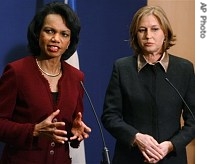 US Secretary of State Condoleezza Rice speaks as Israel's Foreign Minister Tzipi Livni, right, looks on prior to their meeeting in Jerusalem