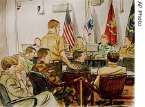 Courtroom illustration, David Hicks (center) as his defense council U.S. Marine Corps Maj. Michael Mori, standing, before a military commission at Guantanamo Naval Base (Aug 2004)