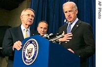 (From left) Democratic Senators Harry Reid, Chuck Schumer and Joe Biden after Iraq vote