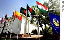 <br />Flags of participating SAARC countries are seen outside the Vigyan Bhavan, the venue of the 14th SAARC Summit, in New Delhi