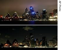 Difference of switching many of the city's lights is shown in this combo taken one week apart in Sydney, on 24 Mar 2007, above, and 31 Mar 2007, below