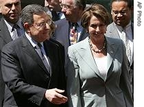 US House Speaker Nancy Pelosi, right, is welcomed by Lebanese Prime Minister Fuad Saniora in Beirut, 02 Apr 2007