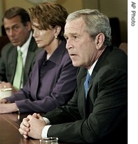 President Bush, right, meets with Congressional leaders, House Minority Leader John Boehner and House Speaker Nancy Pelosi 18 April 2007 