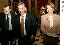 From left: Representatives David Obey, Rahm Emanuel and Nancy Pelosi, 23 Apr 2007 
