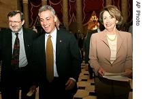 From left: Representatives David Obey, Rahm Emanuel and Nancy Pelosi, 23 Apr 2007 