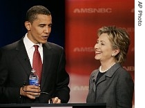 Barack Obama, left, talks with Hillary Rodham Clinton prior to the start of the Democratic presidential primary debate of the 2008 election