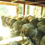 Skulls of Khmer Rouge regime victims are displayed at the Choeung Ek Killing Fields memorial in Choeung Ek 