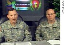 Maj. Gen. Benjamin Mixon (l) and U.S. Army Col. Trogdon speak with Pentagon reporters via satellite, providing an update on ongoing security operations in Iraq, 9 Mar 2007