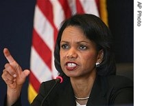 U.S. Secretary of State Condoleezza Rice talks during a press conference after the closing session of the Expanded Ministerial Conference for the Neighbors of Iraq, 04 May 2007