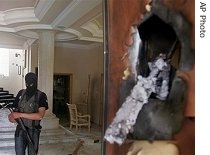 A Palestinian security force officer stands in the damaged house of Fatah security chief Rashid Abu Shbak after it was attacked by Hamas militants in Gaza City, 16 May 2007