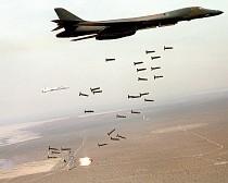 A US B-1B Lancer unleashes cluster munitions