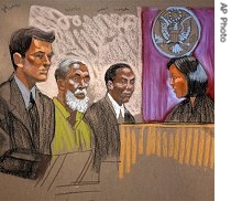 This courtroom sketch shows Russell Defreitas, second left, at his arraignment at federal court in New York in connection with a plan to set off explosives in a fuel line that feeds John F. Kennedy International Airport