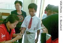 Staff members with Indonesia's Kusuma Buana Foundation test hemoglobin<br />levels of Jakarta schoolchildren