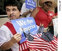 Supporters of immigration legislation gather in Little Rock, Arkansas, as they learn of the Senate's rejection of the immigration bill, 28 June 2007