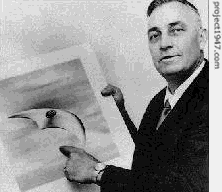 Kenneth Arnold and a drawing of one of the UFOs he reportedly saw in 1947.