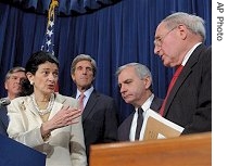 Republican Sen. Olympia Snowe, second from left, accompanied by fellow Senators, discusses war in Iraq during a news conference on Capitol Hill in Washington,  17 July 2007 