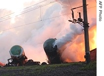 General view of the fire after the derailment of the train near Lviv, Ukraine, 16 July 2007