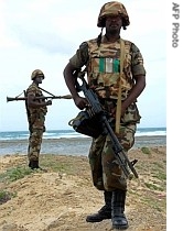 Africa Union soldiers secure the area where they prepare to destroy weapons and munitions in Mogadishu, Somalia, 16 June 2007