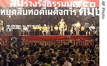 Anti-coup protesters and supporters of ousted PM Thaksin Shinawatra listen to speeches of organizers during a rally after they clashed with police at the Royal Ground in Bangkok 23 July 2007