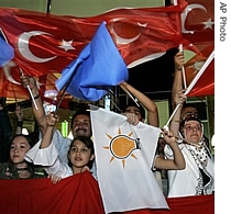 Supporters of the Justice and Development Party wave Turkish and party flags outside of the party headquarters in Ankara, Turkey, 22 July 2007