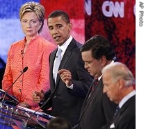 Democratic presidential hopefuls, Sen. Hillary Rodham Clinton, Sen. Barack Obama, New Mexico Gov. Bill Richardson; Sen. Joseph Biden, participate in a debate, 23 July 2007
