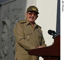 Cuba's acting President Raul Castro delivers a speech during a ceremony to mark the 54th anniversary of the Revolution in Camaguey, Cuba, 26 Jul 2007