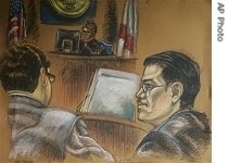 Jose Padilla, right, looks on in this courtroom drawing as Assistant U.S. Attorney Brian Frazier, left, presents closing arguments during his terrorism trial in Miami, Thursday, 16 Aug. 2007