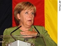 German Chancellor Angela Merkel gestures during a press conference in Parliament building in Budapest, Hungary, 21 Aug 2007