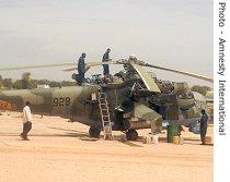A Russian-supplied Mi-24 attack helicopter redeployed to El Geneina airport from Nyala, Darfur
