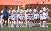 Part of the 2007 U.S. Women's Soccer team lines up during the playing of the National Anthem