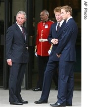 Prince Charles, Prince Harry and Prince William greet guests as they arrive for the Service of Thanksgiving for Diana, at the Guards' Chapel, in London, 31 Aug 2007