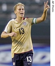 Kristine Lilly celebrates her goal during the first half of their soccer match against Finland, 25 Aug. 25 2007