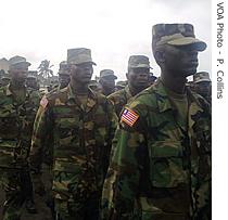 US-trained Liberian soldiers march in the capital of Freetown