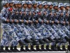 Chinese soldiers at a drill ahead of a military parade in Beijing, China, on 19 Sept 2009 