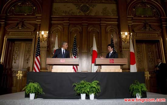 President Barack Obama, left, and Japanese Prime Minister Shinzo Abe participate in a joint news conference at the Akasaka State Guest House in Tokyo, Thursday, April 24, 2014. 