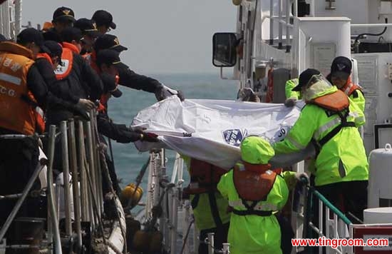Rescuers take a body on board. [Photo: Agencies]